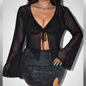 SHEIN Black Sheer Bell Sleeve Crop Top Size Large